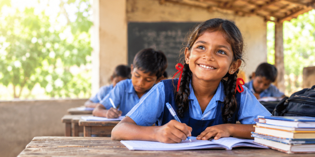 Affordable Education smiling schoolgirl in a sunlit classroom